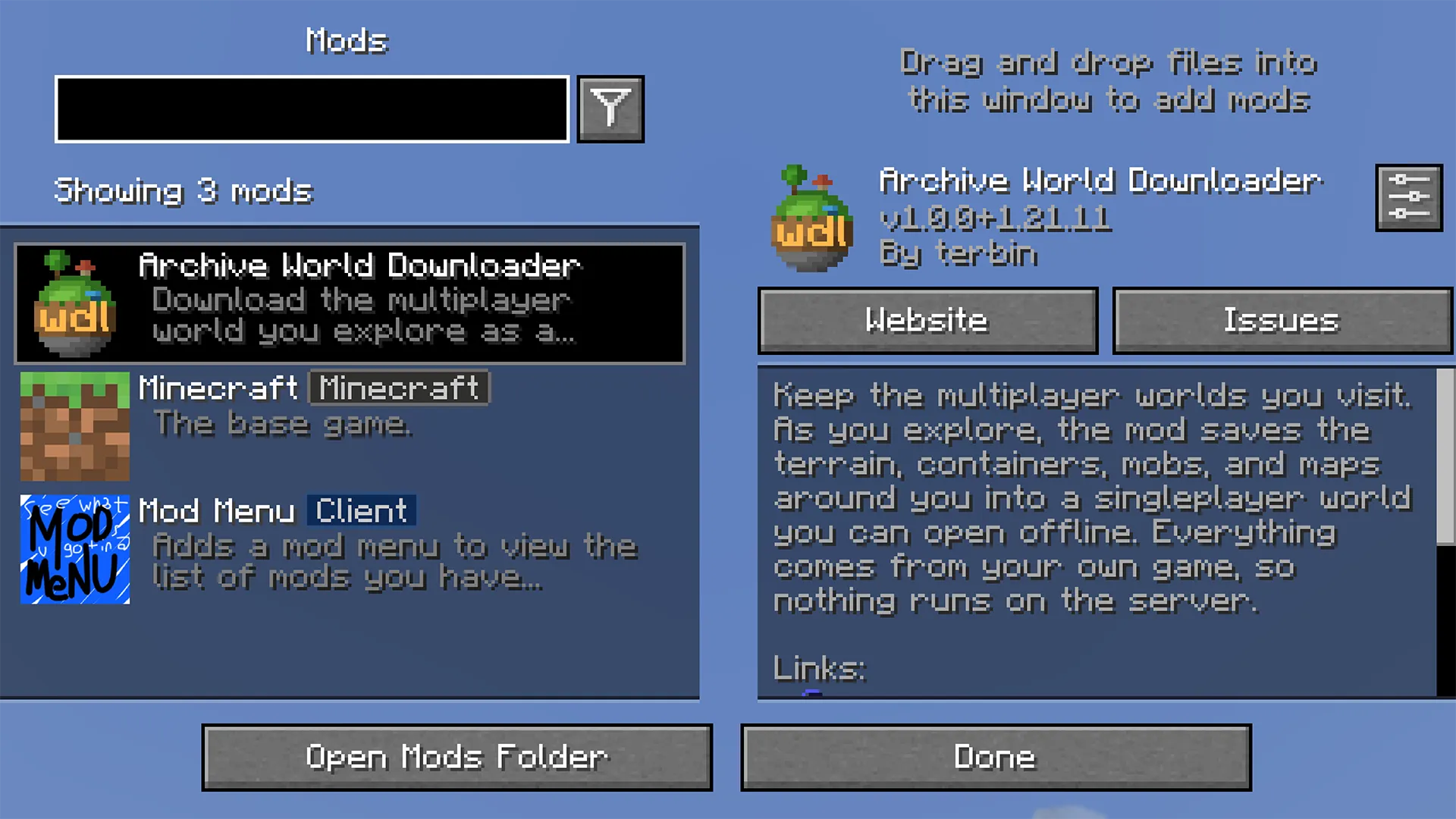 The in-game mod list with Archive World Downloader present